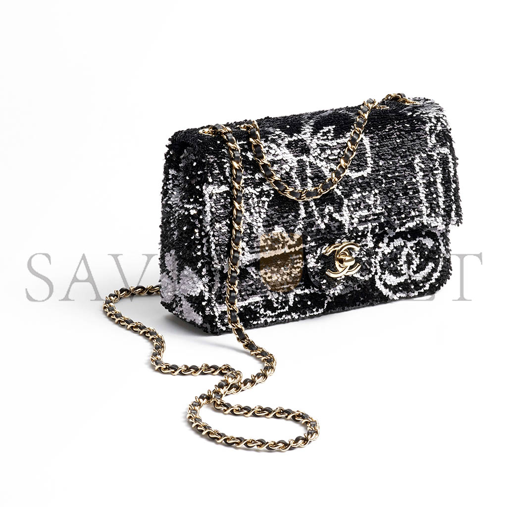 Ch*el flap bag sequins & gold-tone metal black & white as4561 (21*14*8cm)
